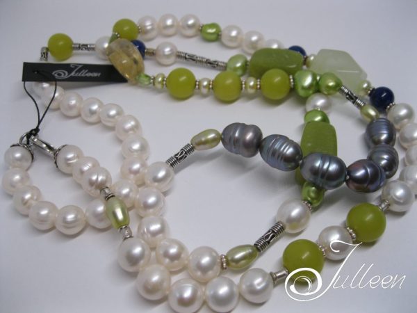 Lime Crush Long White Pearl Necklace with lime gemstones 35 1/2 inch - Image 2