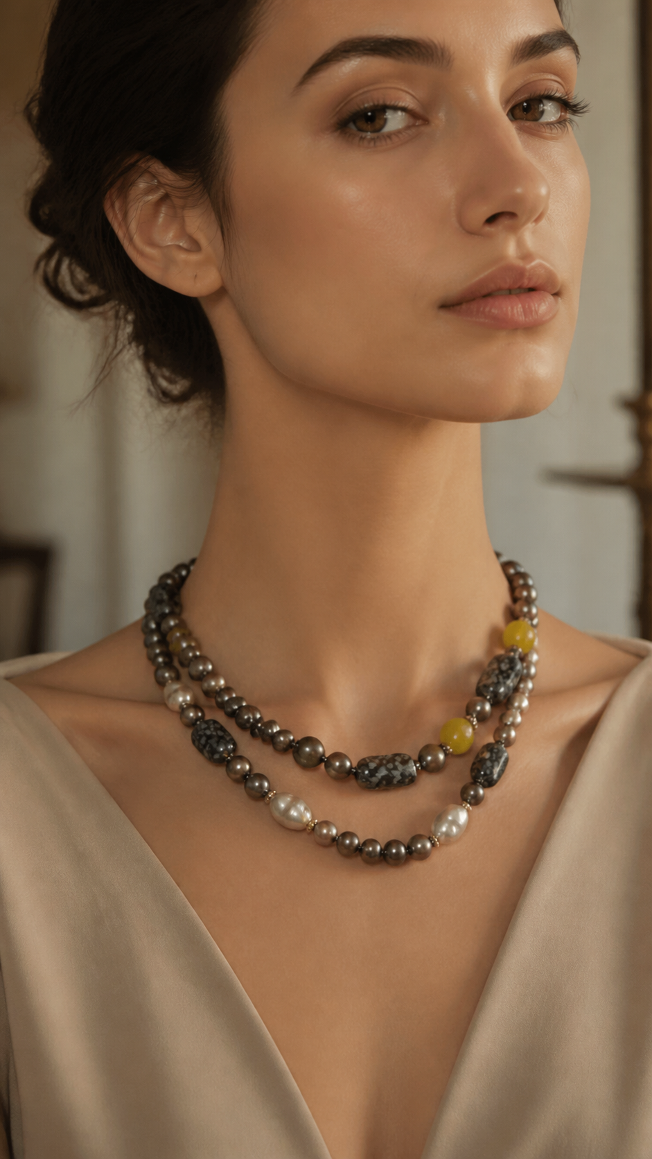 Long Black Pearl Necklace with Lime and Grey - Image 6