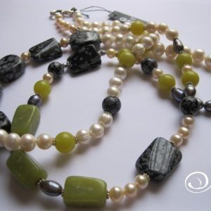 Lime and Grey Long Pearls Jade Jasper and Obsidian 925