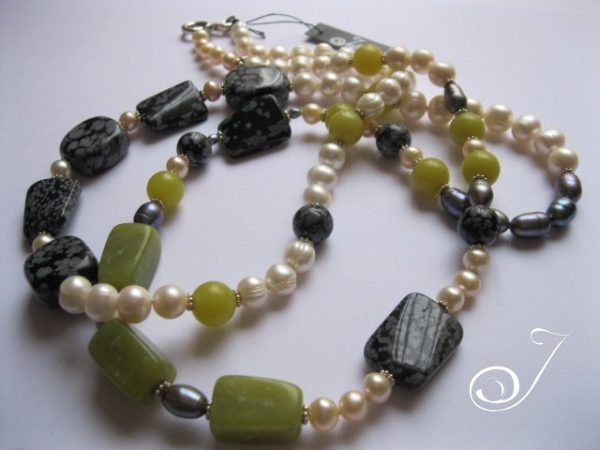 Lime and Grey Long Pearls Jade Jasper and Obsidian 925