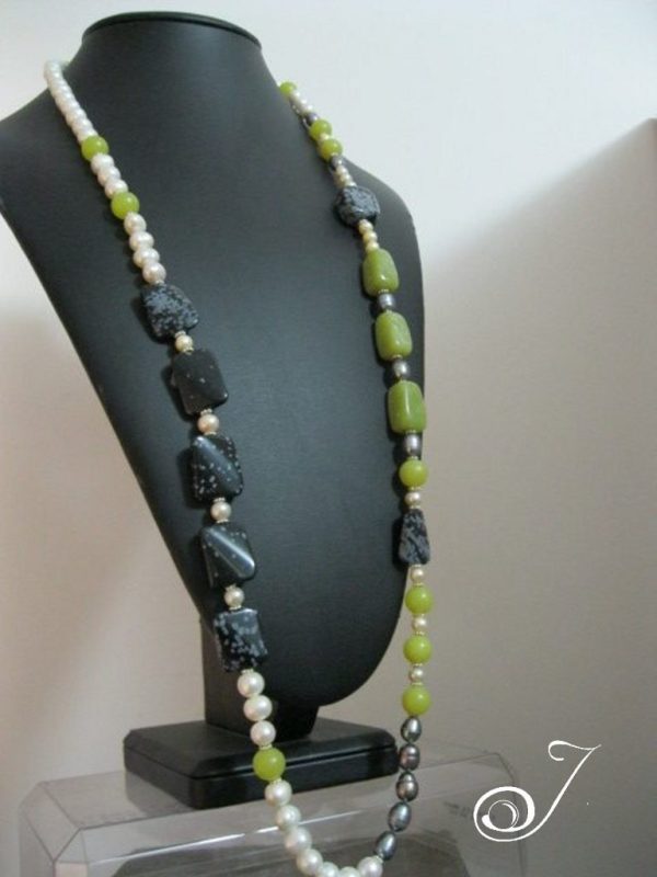 Lime and Grey Long Pearls Jade Jasper and Obsidian 925 - Image 5