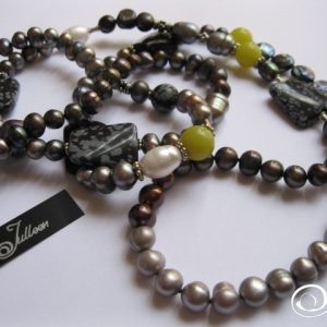 Long Black Pearl Necklace with Lime and Grey