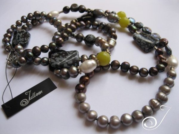 Long Black Pearl Necklace with Lime and Grey