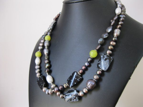 Long Black Pearl Necklace with Lime and Grey - Image 3