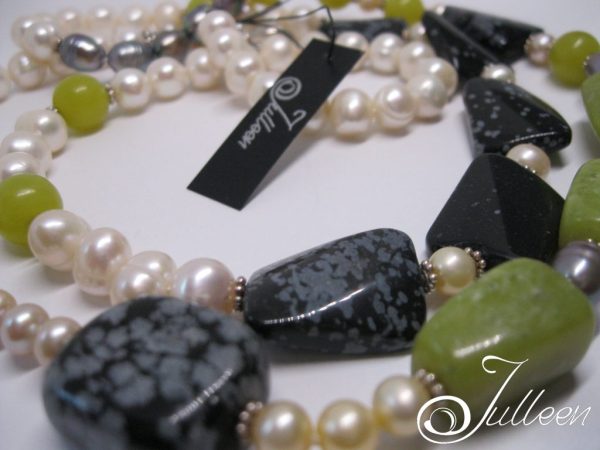 Lime and Grey Long Pearls Jade Jasper and Obsidian 925 - Image 3
