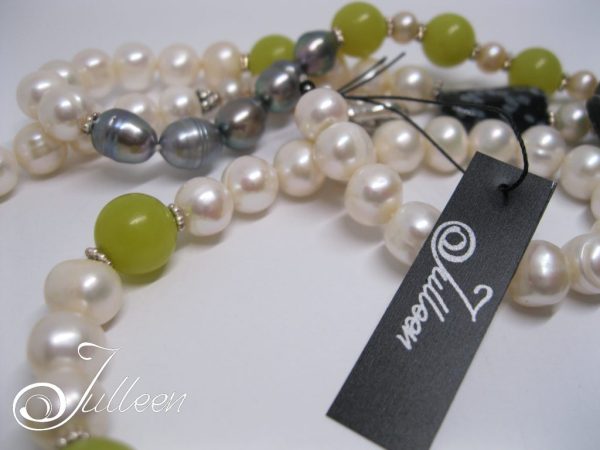 Lime and Grey Long Pearls Jade Jasper and Obsidian 925 - Image 2