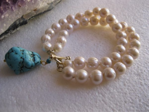 Blue Turquoise Nugget Pearl Bracelet - Image 3
