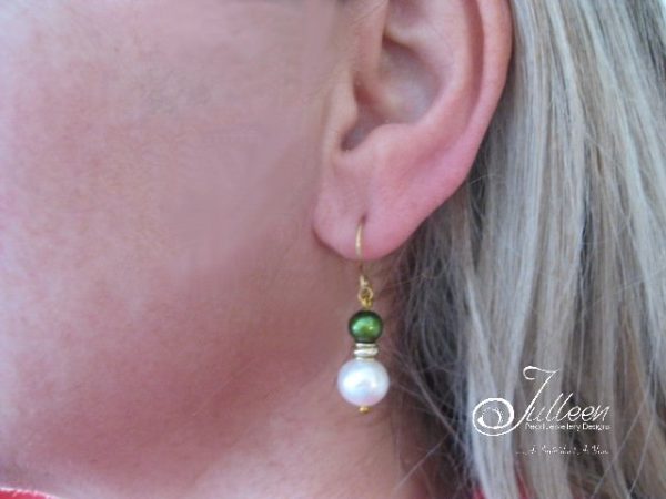 Emerald Green and White Pearl Earring in Gold Vermeil - Image 2