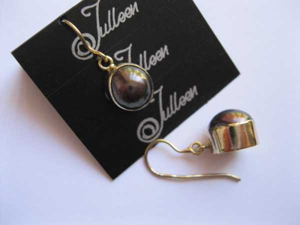 Black Pearl Bezel Set Dangle Earring in Yellow Gold Vermeil - Image 2