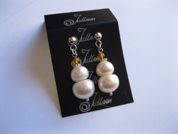 Large White Double Pearl, Honey Amber and Hallmarked Sterling Silver 925 Earring - Image 5