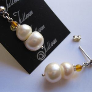Large White Double Pearl, Honey Amber and Hallmarked Sterling Silver 925 Earring