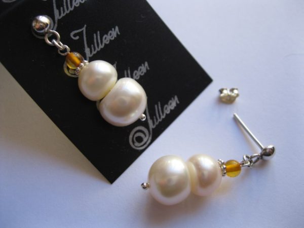 Large White Double Pearl, Honey Amber and Hallmarked Sterling Silver 925 Earring
