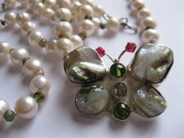 Butterfly Pendant on Long White Pearl, Natural Tourmaline and Sterling Silver Necklace - Image 4