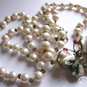 Butterfly Pendant on Long White Pearl, Natural Tourmaline and Sterling Silver Necklace