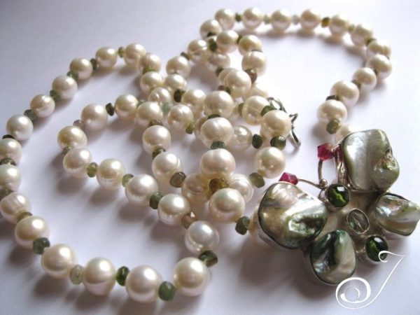 Butterfly Pendant on Long White Pearl, Natural Tourmaline and Sterling Silver Necklace