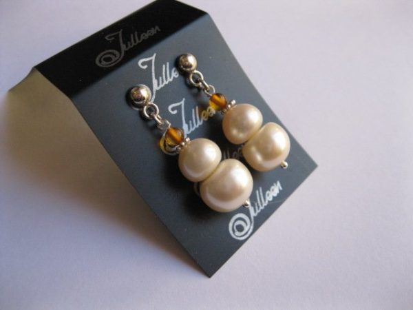 Large White Double Pearl, Honey Amber and Hallmarked Sterling Silver 925 Earring - Image 4