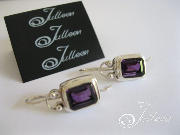 Amethyst Emerald Cut Bezel Set Sterling Silver Hook Earrings - Image 2