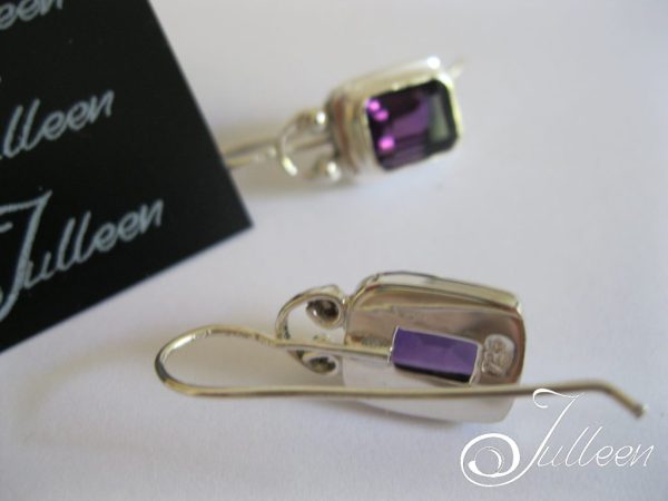 Amethyst Emerald Cut Bezel Set Sterling Silver Hook Earrings - Image 3