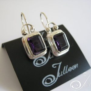 Amethyst Emerald Cut Bezel Set Sterling Silver Hook Earrings