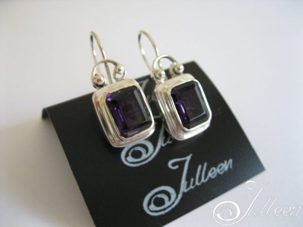 Amethyst Emerald Cut Bezel Set Sterling Silver Hook Earrings