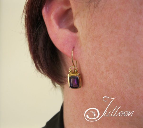 Amethyst Emerald Cut Gemstone Bezel Set Hook Earring Gold Vermeil - Image 5