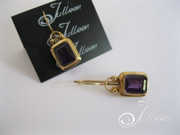Amethyst Emerald Cut Gemstone Bezel Set Hook Earring Gold Vermeil - Image 4