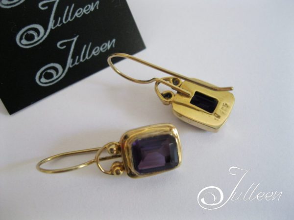 Amethyst Emerald Cut Gemstone Bezel Set Hook Earring Gold Vermeil - Image 3