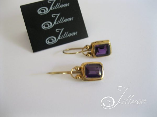 Amethyst Emerald Cut Gemstone Bezel Set Hook Earring Gold Vermeil - Image 2