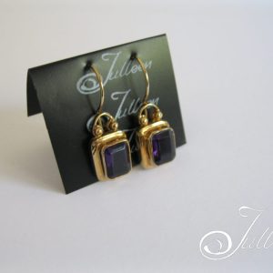 Amethyst Emerald Cut Gemstone Bezel Set Hook Earring Gold Vermeil