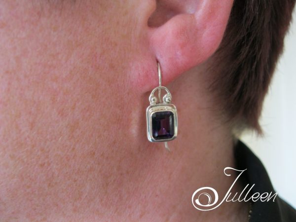 Amethyst Emerald Cut Bezel Set Sterling Silver Hook Earrings - Image 4