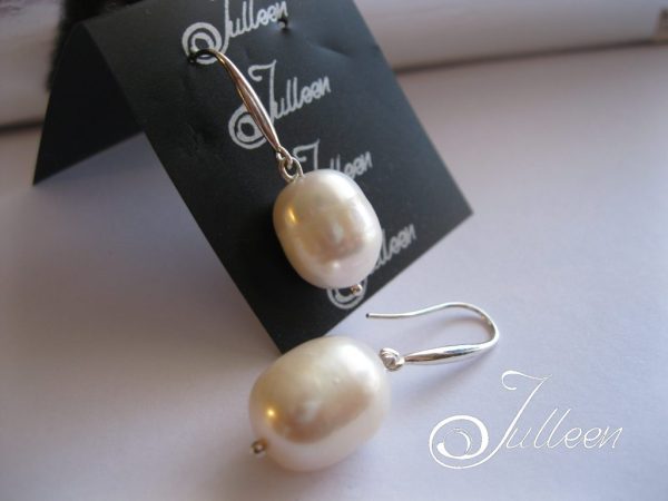 Organic White Chunky Barrel Pearl Sturdy Hook Earring 925 - Image 2