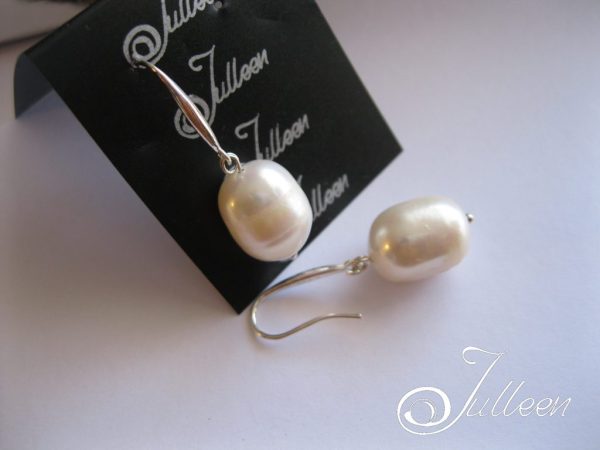 Organic White Chunky Barrel Pearl Sturdy Hook Earring 925 - Image 3