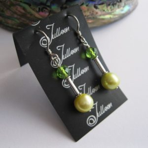 Bright Green Crystal and Lime Pearl Dangly Earring