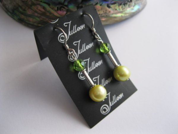 Bright Green Crystal and Lime Pearl Dangly Earring