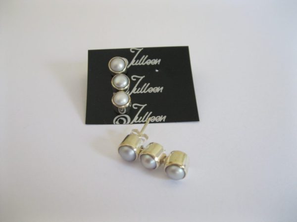 Bezel Set Grey Pearls Triple Drop Style Earring, on Post 925 - Image 3