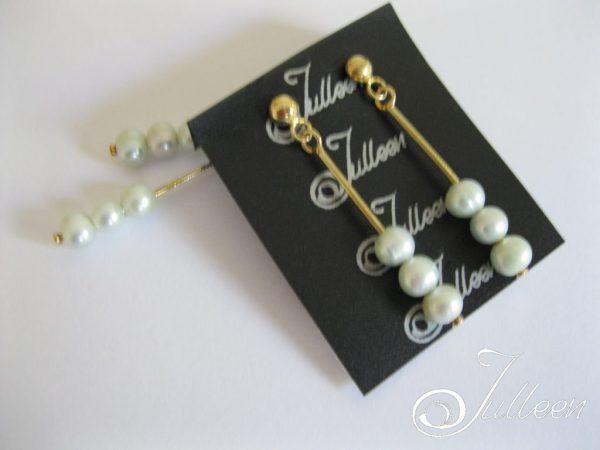 Ellie Mint. Three Pearl Double Drop Mint Pearl Dangling Earring Gold Vermeil