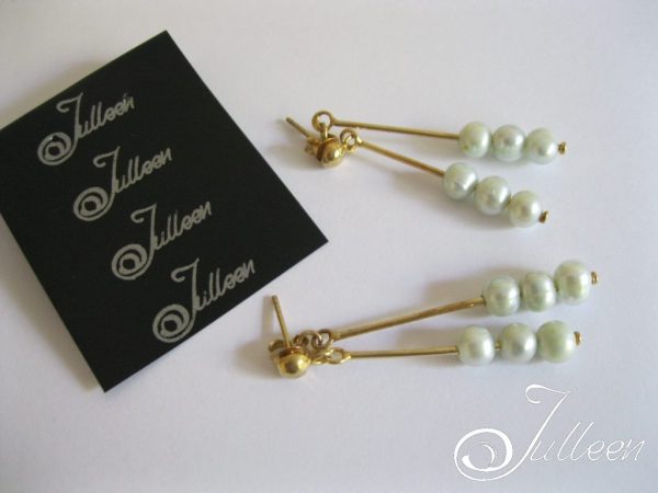 Ellie Mint. Three Pearl Double Drop Mint Pearl Dangling Earring Gold Vermeil - Image 2