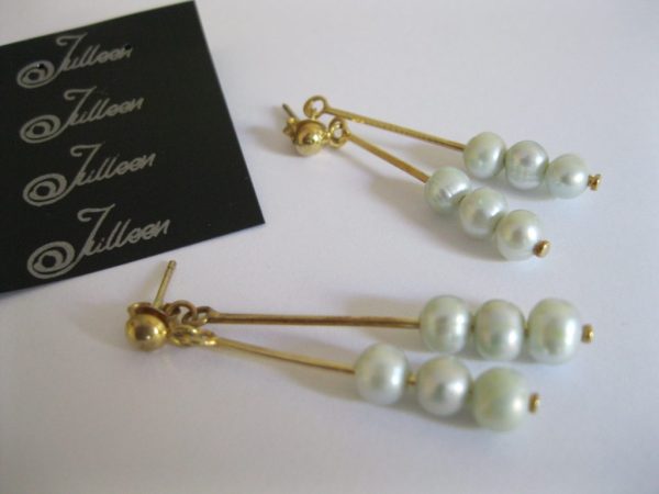 Ellie Mint. Three Pearl Double Drop Mint Pearl Dangling Earring Gold Vermeil - Image 3