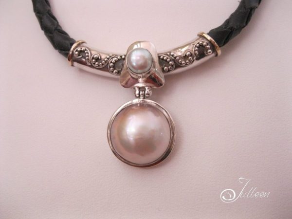 Funky Tube Cream Mabe and Pearl Pendant on Black Braided Leather - Image 2