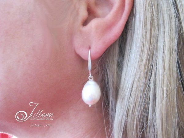 Single Drop Large Chunky White Oval Pearl Earring 925 - Image 5