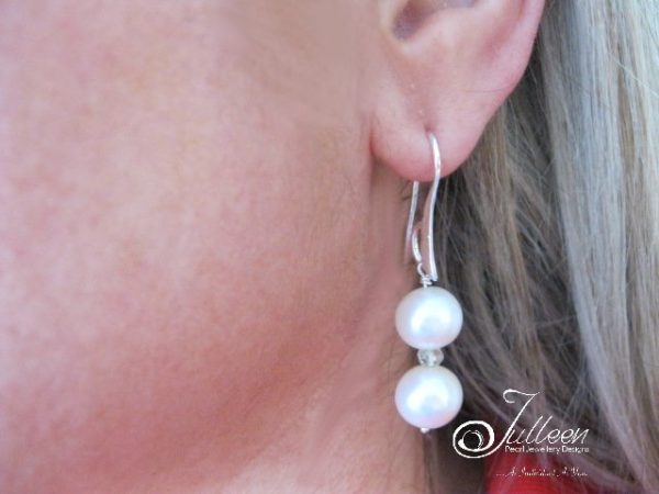 White Double Pearl Aquamarine Sterling Silver Paddle Hook Earring - Image 5