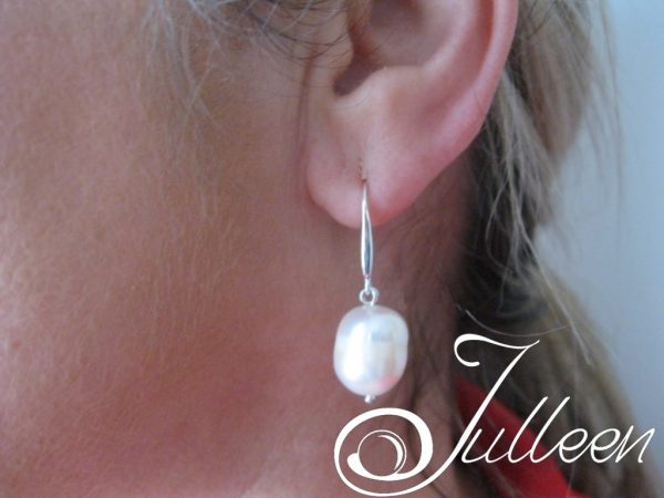 Organic White Chunky Barrel Pearl Sturdy Hook Earring 925 - Image 4