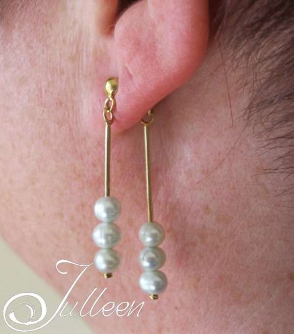 Ellie Mint. Three Pearl Double Drop Mint Pearl Dangling Earring Gold Vermeil - Image 4