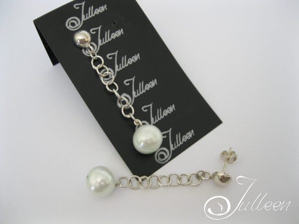 Mint Pearl Sterling Silver Drop Chain Earring on Post - Image 2