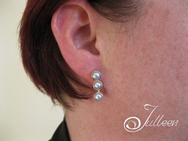 Bezel Set Grey Pearls Triple Drop Style Earring, on Post 925 - Image 4