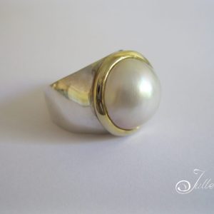 Large White Mabe Sterling Silver Ring with Gold Vermeil Highlights