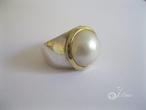 Large White Mabe Sterling Silver Ring with Gold Vermeil Highlights