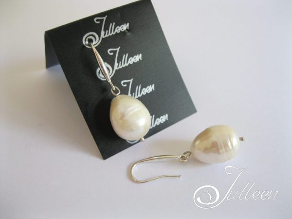 Single Drop Large Chunky White Oval Pearl Earring 925 - Image 4
