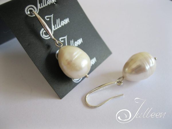 Single Drop Large Chunky White Oval Pearl Earring 925 - Image 2