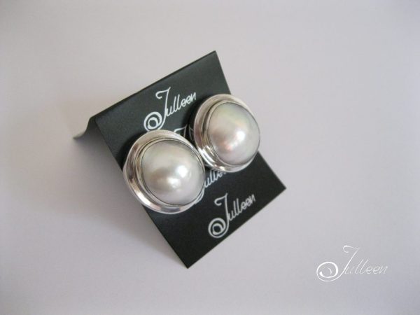 Substantial 20mm White Mabe Hallmarked 925 Sterling Silver Clip On Earring